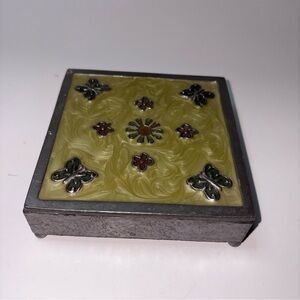 Vintage Pewter & Enamel Lidded Box Butterfly Sun Flower Pattern 4.5”x1.25” Axco